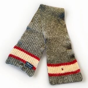 100% WOOL Polo Ralph Lauren Vintage Ribbed Winter Scarf White Red Grey RARE VTG